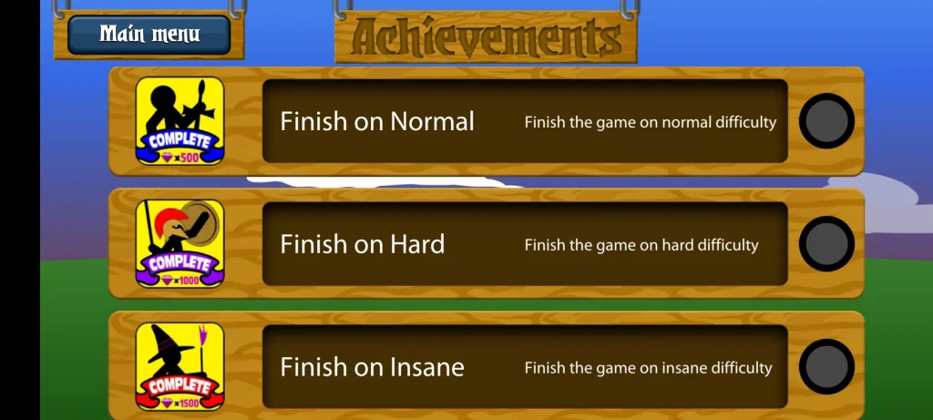 3 Difficulty achievements Levels of the Game